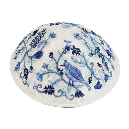 Embroidered Kippah with Birds and Flowers, Blue - Yair Emanuel