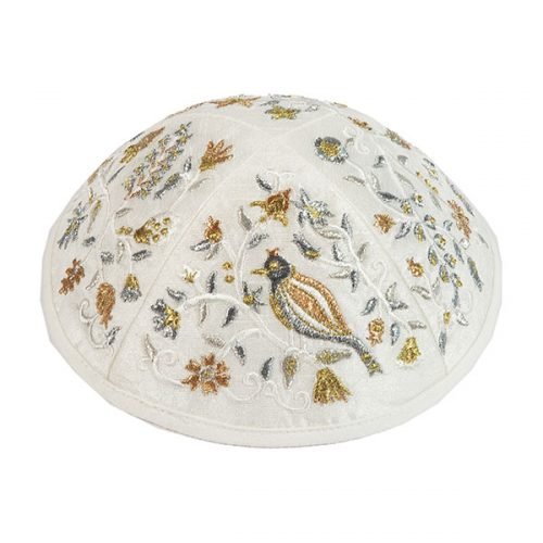 Embroidered Kippah with Birds and Flowers, Gold and Silver - Yair Emaneul