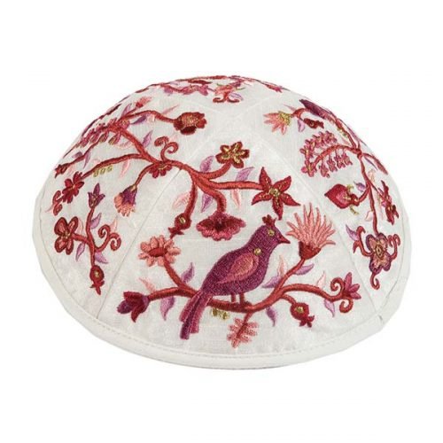 Embroidered Kippah with Birds and Flowers, Maroon and Pink - Yair Emanuel