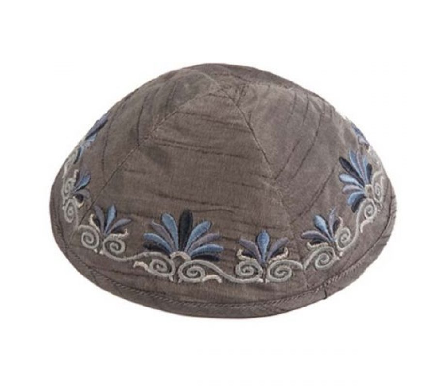 Embroidered Kippah with Date Palm Design, Gray - Yair Emanuel