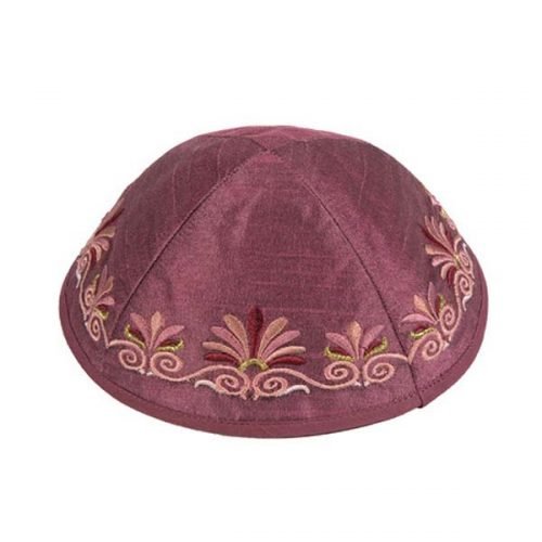Embroidered Kippah with Date Palm Design, Maroon - Yair Emanuel