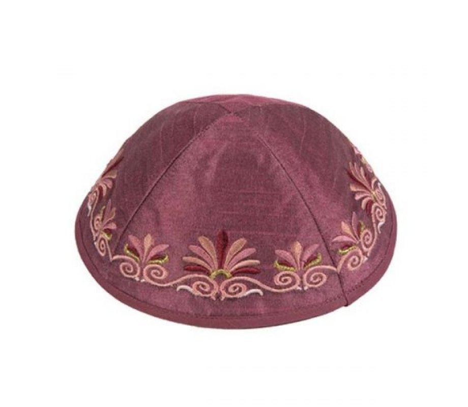Embroidered Kippah with Date Palm Design, Maroon - Yair Emanuel