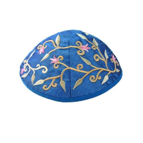 Embroidered Kippah with Flowers and Leaves, Blue - Yair Emanuel