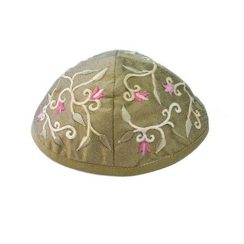 Embroidered Kippah with Flowers and Leaves, Gold - Yair Emanuel