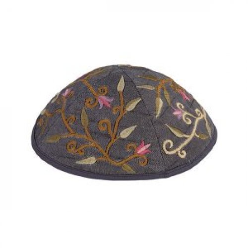 Embroidered Kippah with Flowers and Leaves, Gray - Yair Emanuel