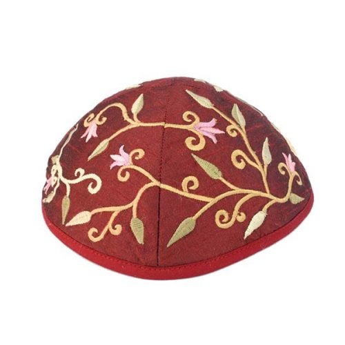 Embroidered Kippah with Flowers and Leaves, Maroon - Yair Emanuel
