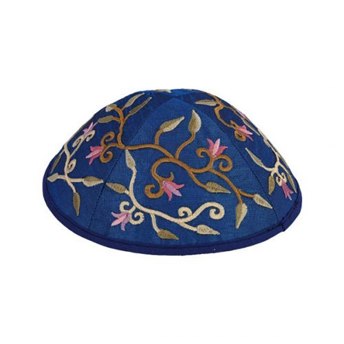 Embroidered Kippah with Flowers and Leaves, Royal Blue- Yair Emanuel