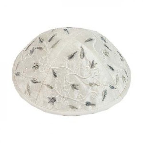 Embroidered Kippah with Flowers and Leaves, Silver- Yair Emanuel