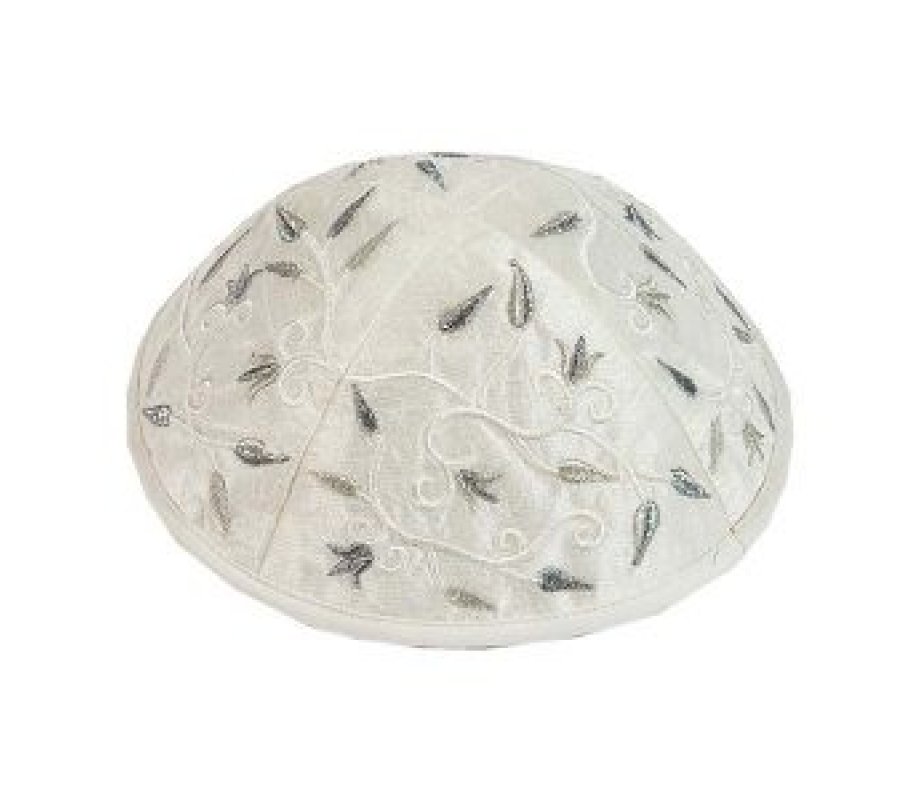 Embroidered Kippah with Flowers and Leaves, Silver- Yair Emanuel