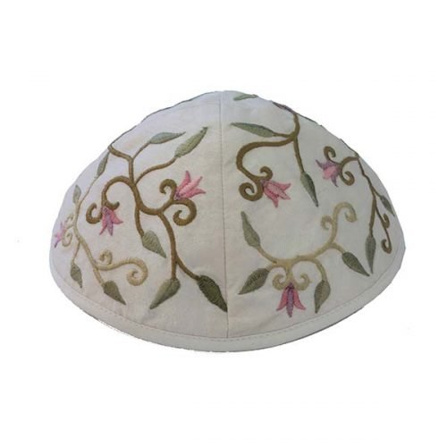 Embroidered Kippah with Flowers and Leaves, White - Yair Emanuel