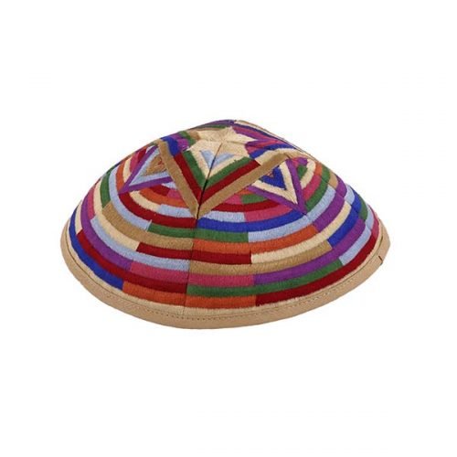 Embroidered Kippah with Large Star of David and Circular Bands, Multicolored - Yair Emanuel