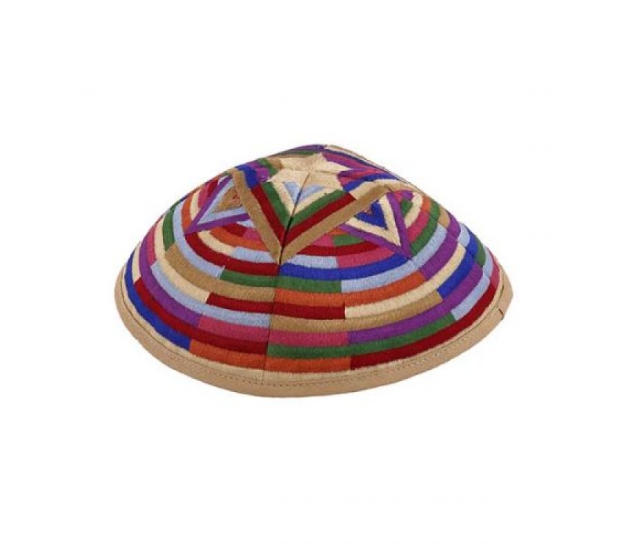 Embroidered Kippah with Large Star of David and Circular Bands, Multicolored - Yair Emanuel
