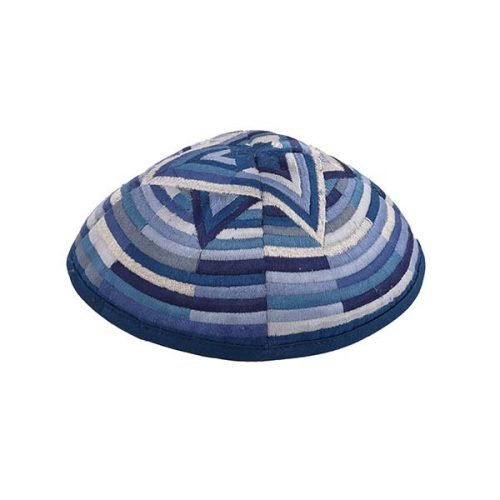 Embroidered Kippah with Large Star of David and Circular Bands, Blue - Yair Emanuel