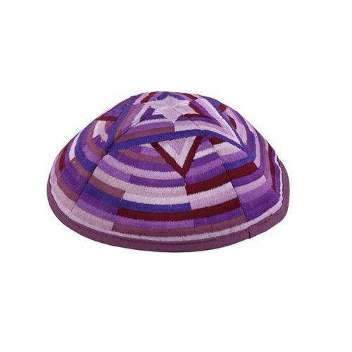 Embroidered Kippah with Large Star of David and Circular Bands, Purple - Yair Emanuel