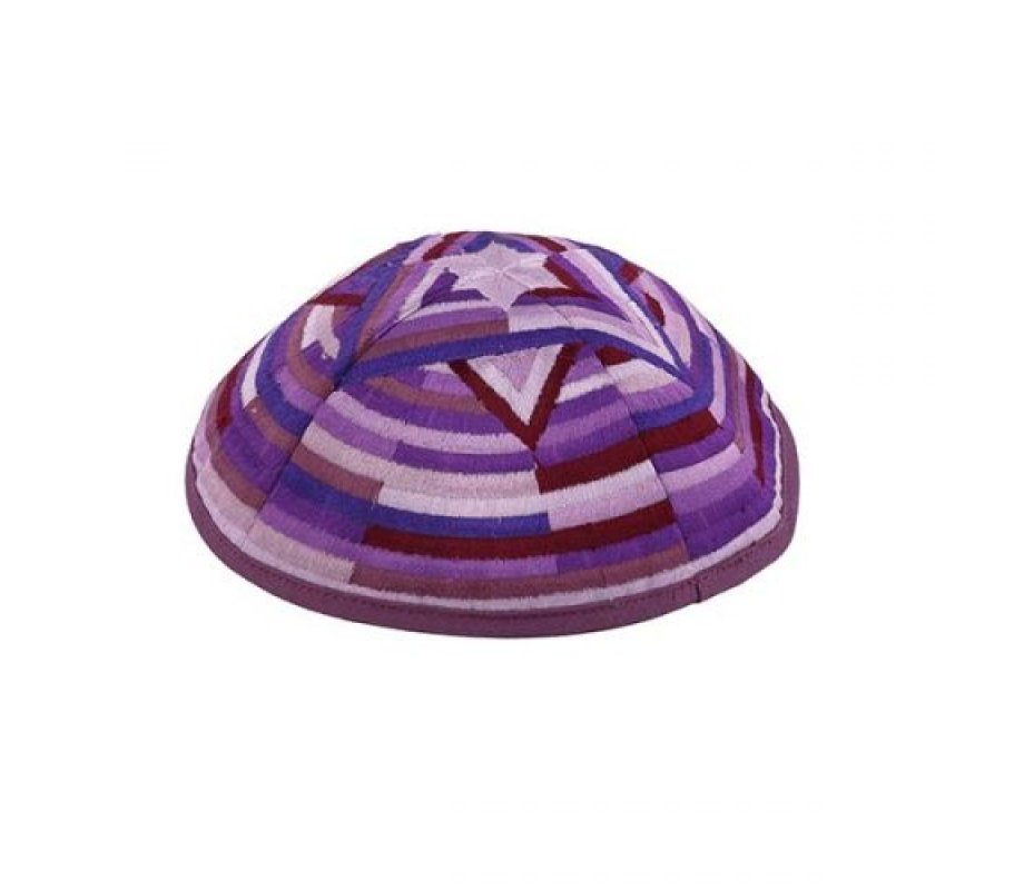 Embroidered Kippah with Large Star of David and Circular Bands, Purple - Yair Emanuel
