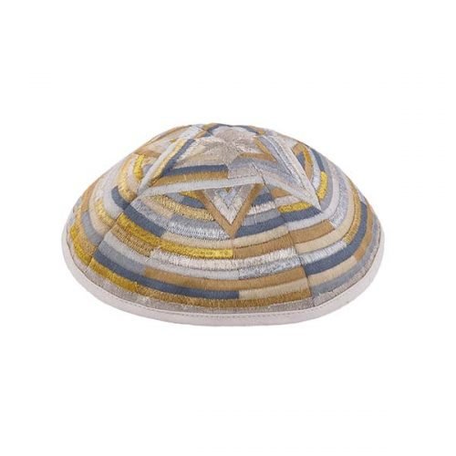 Embroidered Kippah with Large Star of David and Circular Stripes, Gold - Yair Emanuel