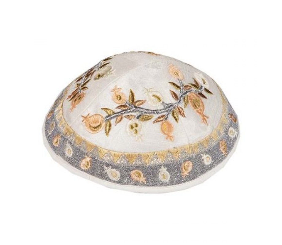 Embroidered Kippah with Pomegranate Design, Gold and Silver - Yair Emanuel