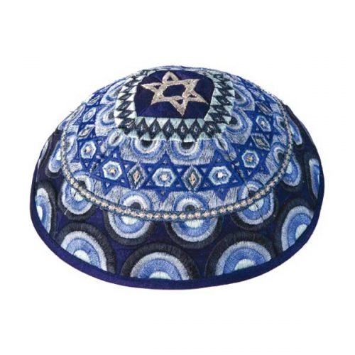 Embroidered Kippah with Stars of David Decoration, Blue - Yair Emanuel