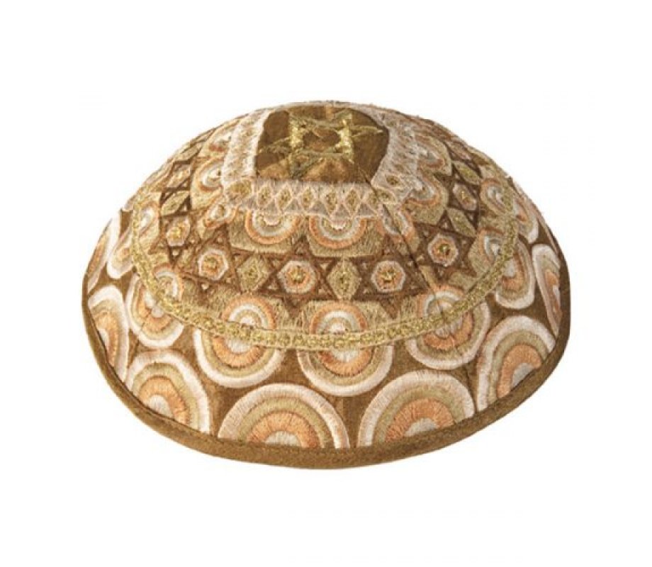 Embroidered Kippah with Stars of David Decoration, Gold - Yair Emanuel