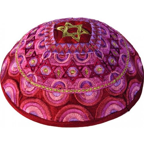 Embroidered Kippah with Stars of David, Pink & Gold - Yair Emanuel