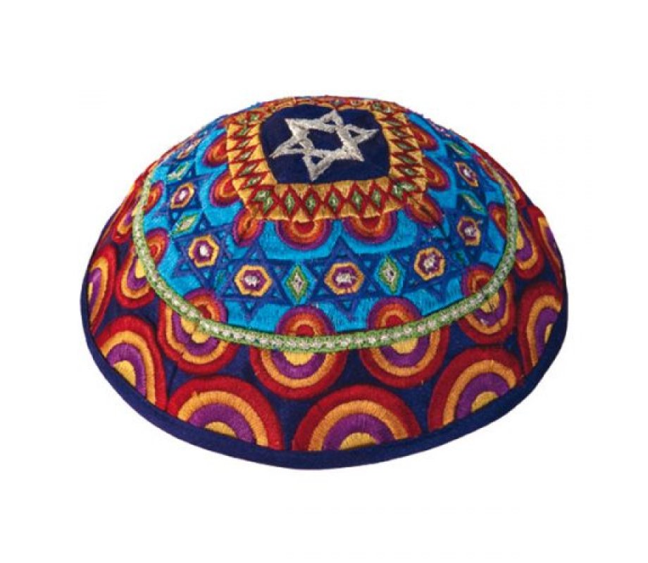 Embroidered Kippah with Stars of David in Blue and Red - Yair Emanuel