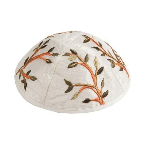 Embroidered Kippah with Tree of Life Design in Gold and Shades of Green - Yair Emanuel