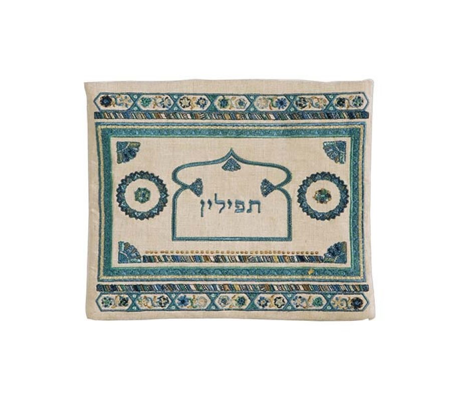 Embroidered Linen Tallit & Tefillin Bag, Turquoise with Oriental Motifs - Yair Emanuel
