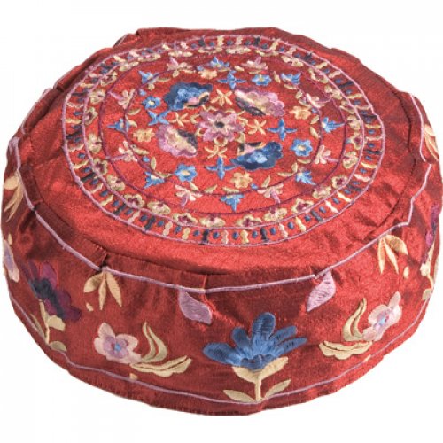 Embroidered Maroon Bucharian Hat-Kippah, Colorful Flowers - Yair Emanuel