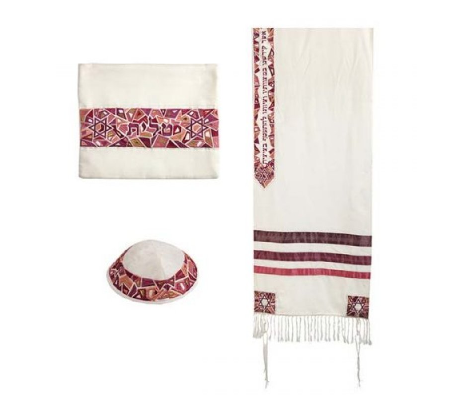 Embroidered Maroon Mosaic Star of David Prayer Shawl Tallit Set - Yair Emanuel