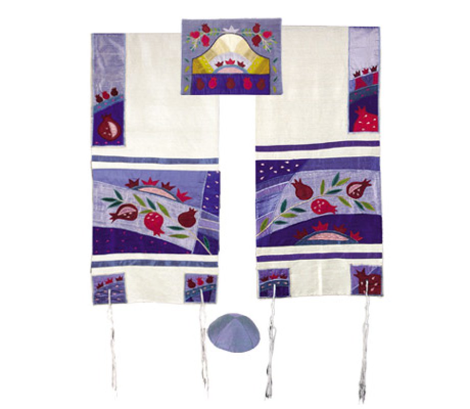 Embroidered Raw Silk Tallit Set Pomegranates, Blue - Yair Emanuel