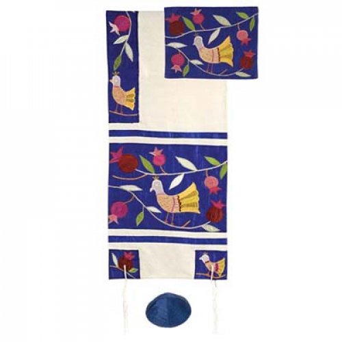 Embroidered Raw Silk Tallit Set, Pomegranates and Birds, Blue - Yair Emanuel