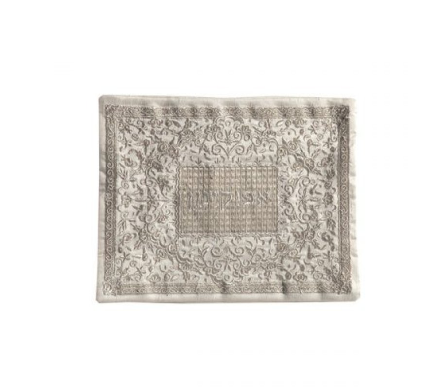 Embroidered Silk Floral Matzah & Afikoman Cover, Silver, Sold Separately - Yair Emanuel