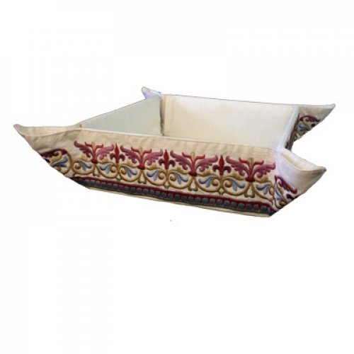 Embroidered Silk Matzah or Bread Basket with Curving Leaves Design - Yair Emanuel