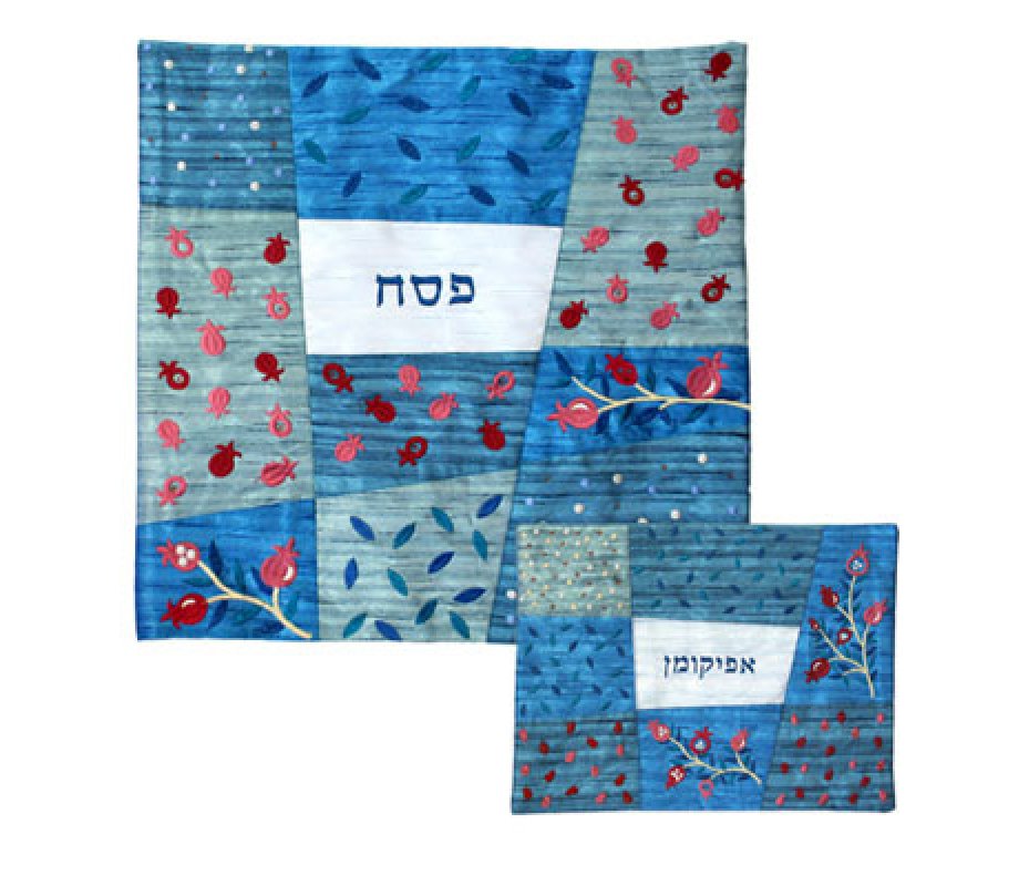 Embroidered Silk Patchwork Matzah & Afikoman Cover, Blue Flowers, Sold Separately - Emanuel