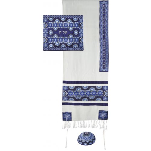 Embroidered Silk and Cotton Tallit Set, Blue Stars of David - Yair Emanuel