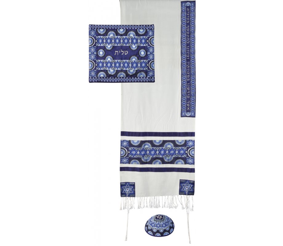 Embroidered Silk and Cotton Tallit Set, Blue Stars of David - Yair Emanuel