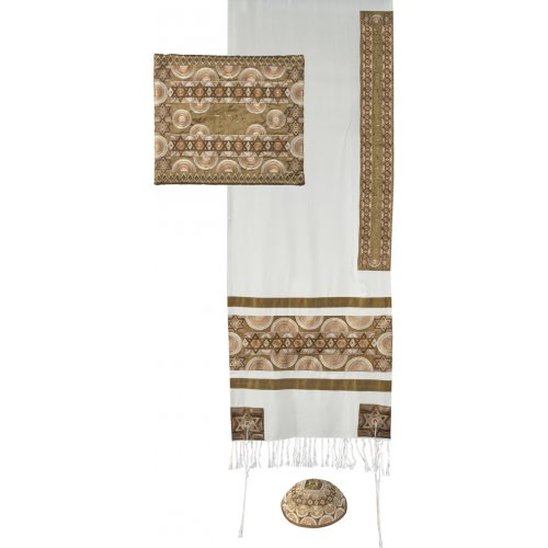 Embroidered Silk and Cotton Tallit Set, Gold Stars of David - Yair Emanuel