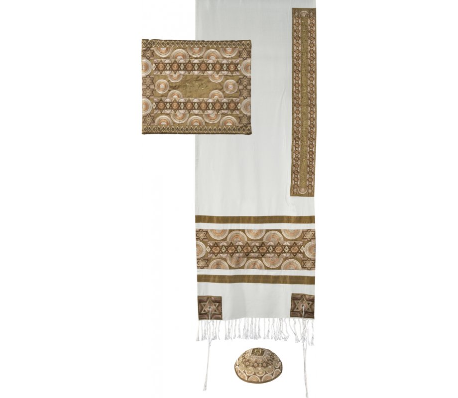 Embroidered Silk and Cotton Tallit Set, Gold Stars of David - Yair Emanuel