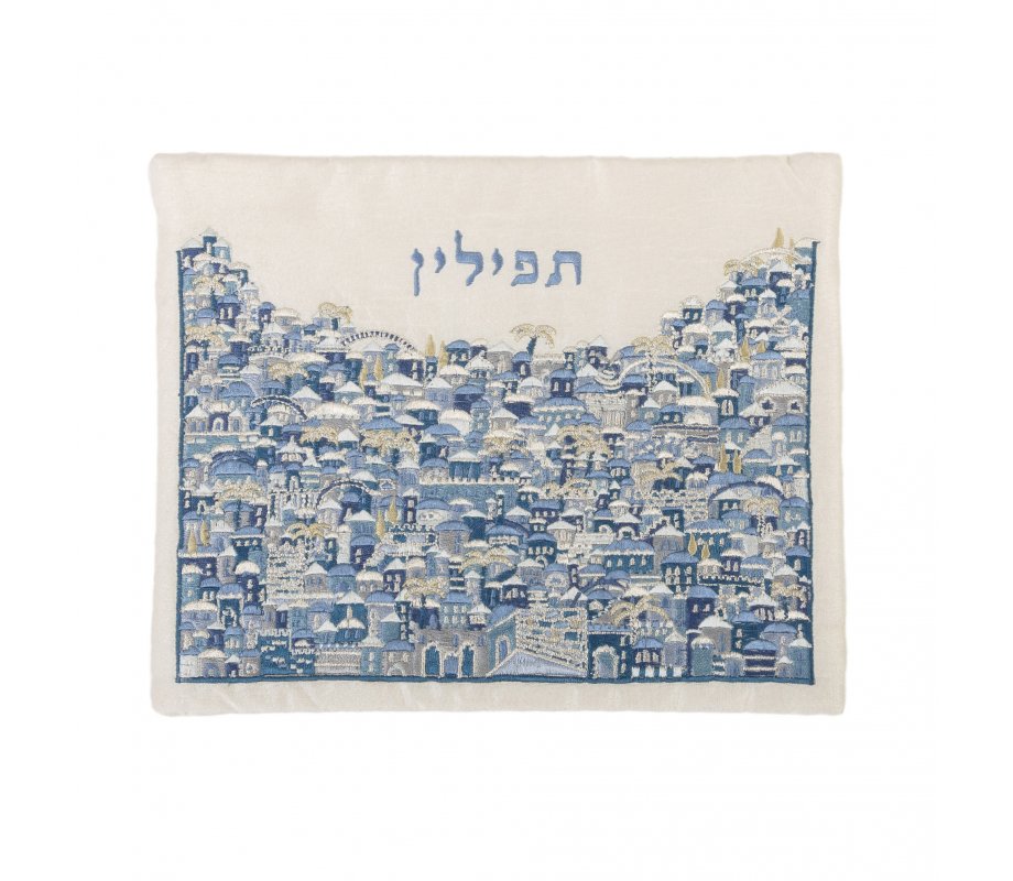 Embroidered Tallit & Tefillin Bag Set with Jerusalem Design, Blue - Yair Emanuel