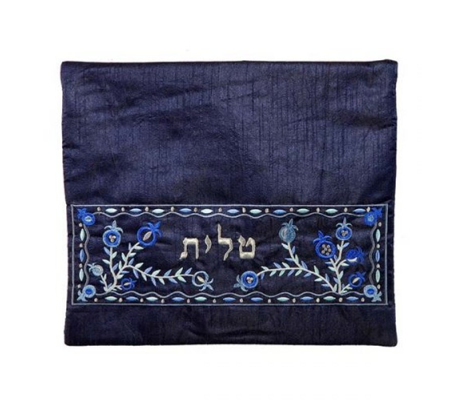 Embroidered Tallit and Tefillin Bags, Blue Pomegranates on Dark Blue by Yair Emanuel