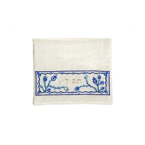 Embroidered Tallit and Tefillin Bags, Blue Pomegranates on Off White - Yair Emanuel