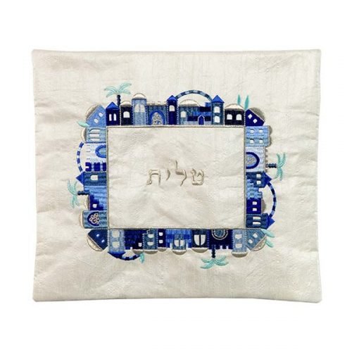 Embroidered Tallit and Tefillin Bags, Blue on Off-White Jerusalem Images - Yair Emanuel