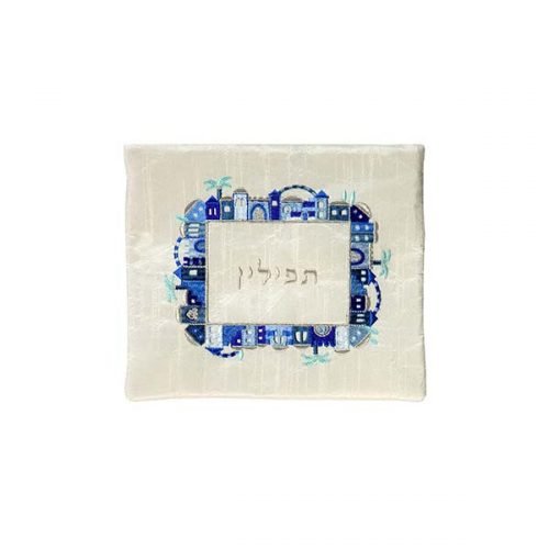 Embroidered Tallit and Tefillin Bags, Blue on Off-White Jerusalem Images - Yair Emanuel
