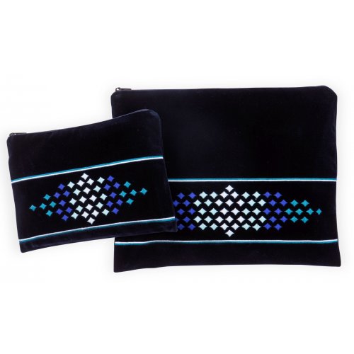 Embroidered Velvet Tallit and Tefillin Bag Set, Blue and Silver Diamonds - Ronit Gur