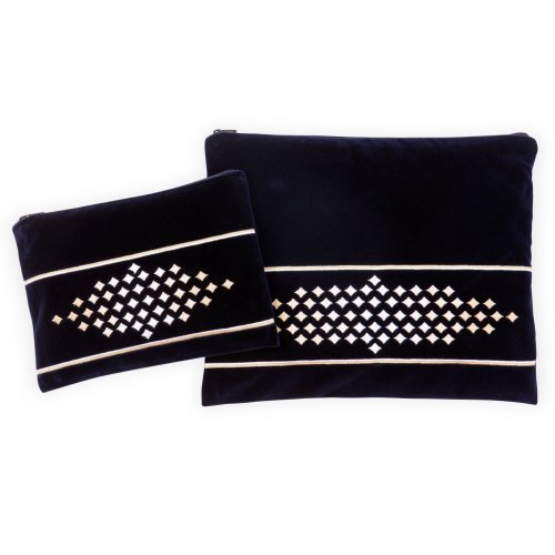 Embroidered Velvet Tallit and Tefillin Bag Set, Gold Diamond Shapes - Ronit Gur