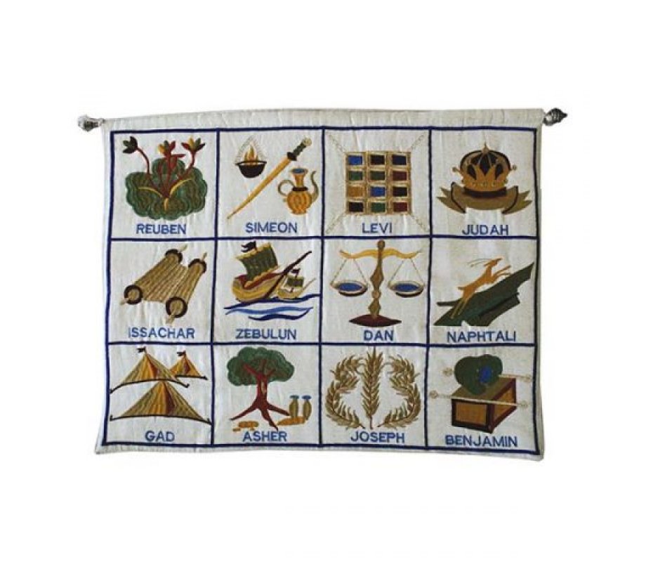 Embroidered Wall Hanging of Twelve Tribes Symbols in Hebrew, White - Yair Emanuel