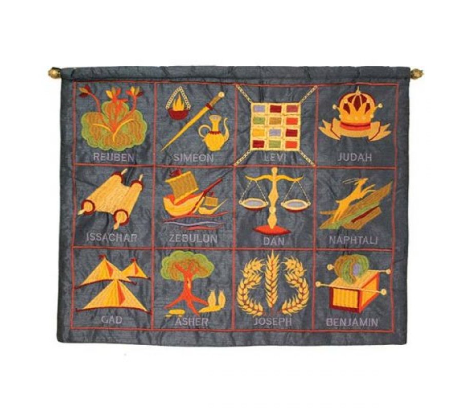 Embroidered Wall Hanging of Twelve Tribes Symbols on Blue, English – Yair Emanuel