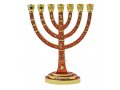 Enamel Plated Seven Branch Gold Menorah with Judaic Decorations on Red - 9.5
