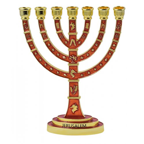 Enamel Plated Seven Branch Gold Menorah with Judaic Decorations on Red - 9.5
