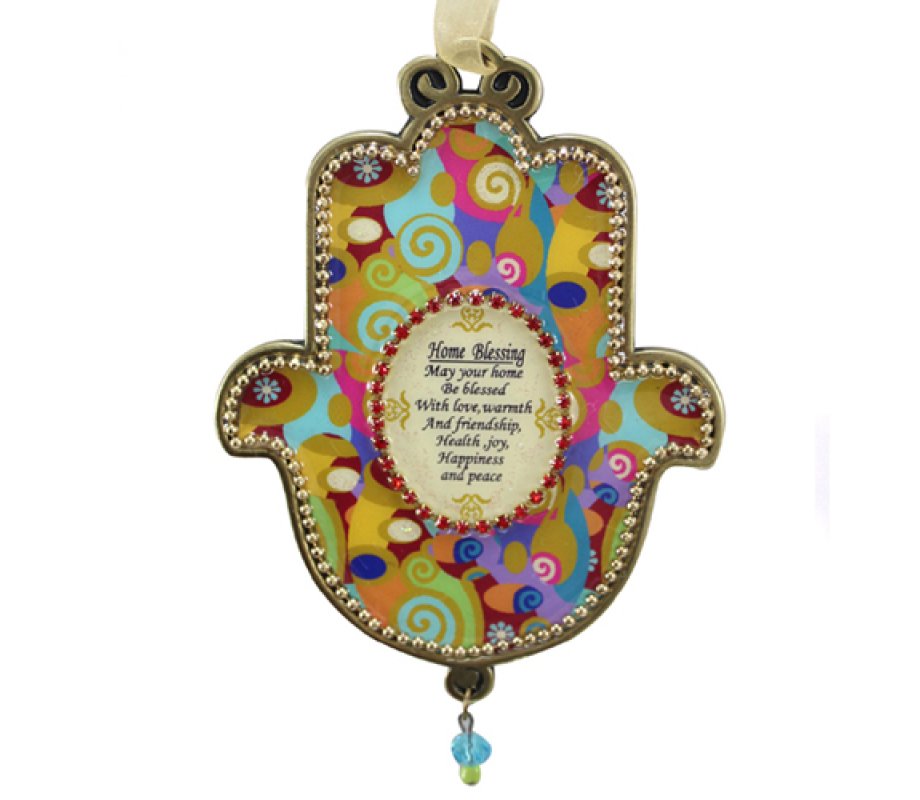 English Home Blessing Hamsa Wall Plaque, Colorful Beaded Pop Art - Iris Design